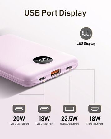 Powerbank VEEKTOMX 10000mAh з підтримкою PD3.0 та QC3.0: компактний зовнішній акумулятор для iPhone, iPad, Samsung Galaxy, Huawei, Xiaomi, OnePlus та інших пристроїв. Білий (лавандово-фіолетовий)