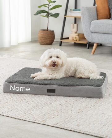 Ортопедичне ліжко для собак Lionto, 60x40x8 см, міцне, з м'яким плюшем, знімний та пральний чохол, водовідштовхувальне, для собак та котів, сірий (76x51x8 см з нанесенням імені)
