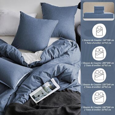 MILDLY Duvet Cover 240 x 260 cm, Cotton, Washed, Öko-TEX, Blue, Duvet Cover with Zipper, Bedding 240 x 260 cm, for Adults, Cotton with 2 Pillowcases, 65 x 65 cm