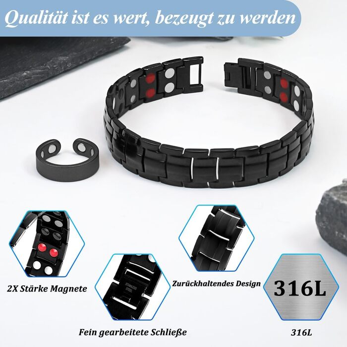 Браслет магнітний чоловічий Vicmag з титанової сталі, подвійна лінія магнітів, регульований, з інструментом та подарунковою коробкою (Чорний, 4 елементи)