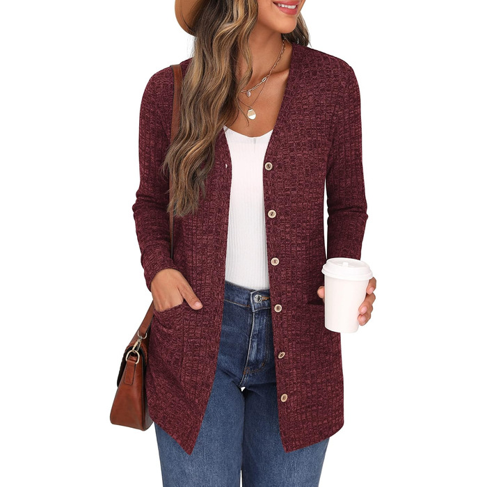 Жіночий в'язаний кардиган Grecerelle з довгими рукавами, V-подібним вирізом, з кишенями та ґудзиками, бордовий, осінь, м'який, елегантний, трикотажний