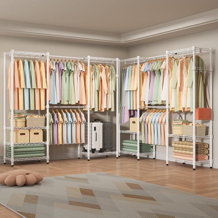 Тeleskopна штанга Himimi для одягу з 4 перекладинами та 6 регульованими полицями, 1 гачок, телескопічна система полиць B (175-230) x H180 см, адаптована для різних приміщень (білий)