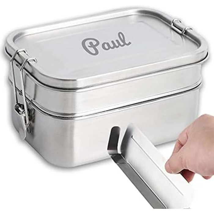 LOOXIS Personalized Stainless Steel Lunchbox with Name & Text Engraved – 1960 ml, including divider, leak-proof, 2 tiers, Bento Box – Gift idea for children, school start, work – L, Double-decker