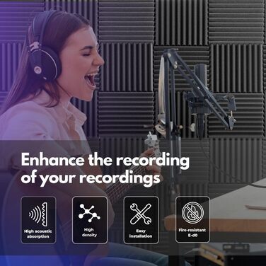 Акустичні панелі для звукоізоляції стін, 48 шт, 30x30x3 см, шумопоглинаючий поролон для студії звукозапису, антрацит (сірий), з клеєм