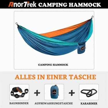 Туристичний гамак Anortrek для 1 особи, ультралегкий нейлоновий гамак для кемпінгу та відпочинку (280x140 см, до 249 кг) з ремнями для кріплення до дерева, синій/помаранчевий