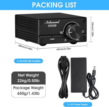 Підсилювач сабвуфера Nobsound 100W, моно, цифровий аудіо підсилювач, міні, чорний, з блоком живлення 19V