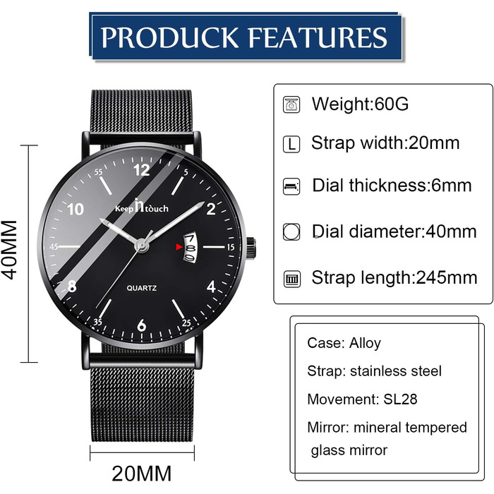 Чоловічий годинник Unendlich U, ультратонкий, водонепроникний, кварцовий, з мінімалістичним цифровим дисплеєм, цифровий календар, для бізнесу та повсякденного носіння, корпус та браслет з нержавіючої сталі (Black-a)