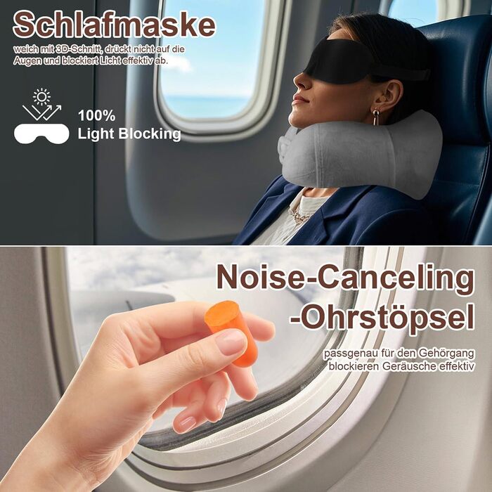 Подушка для шиї в літак та авто з ефектом пам'яті (Memory Foam), набір для подорожей: маска для сну, беруші та сумка, сіра