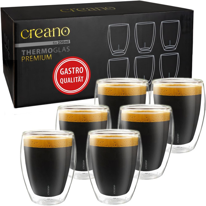 Creano PREMIUM double-walled glasses, 250ml - Set of 6 - Restaurant Quality - 100% Dishwasher Safe - New 2024