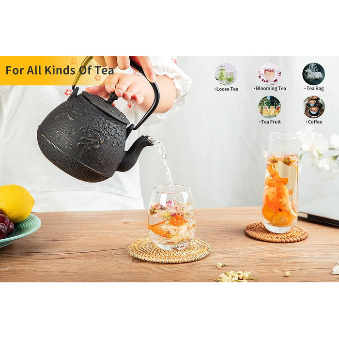 Чайник для плити, чавунний, з ситом для листового чаю, 1,5 л, чорний