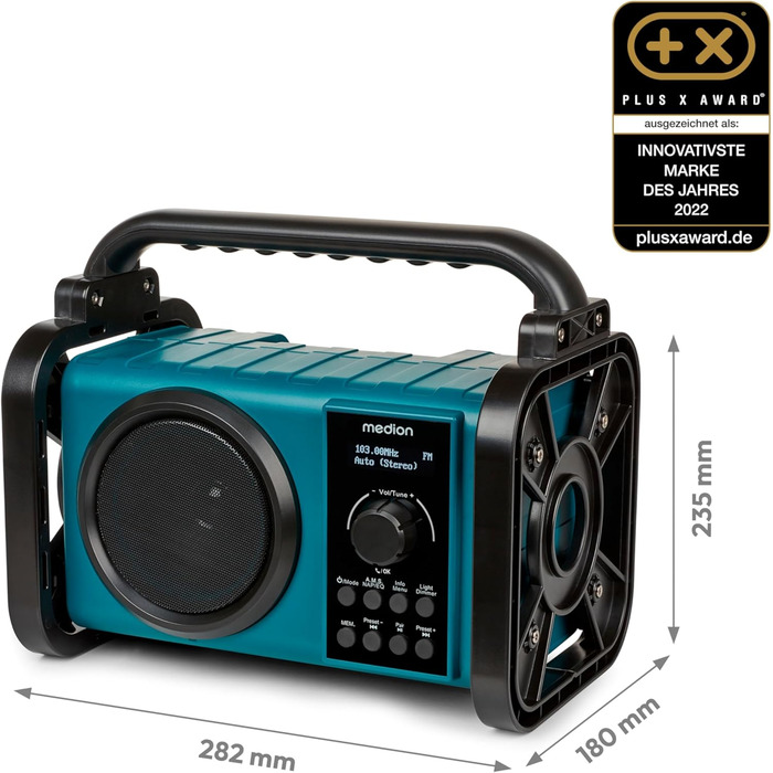 Радіоприймач Medion E66877 DAB+ Baustellenradio: Bluetooth 5.0, DAB+, UKW, LED-ліхтар, акумулятор/мережа, водонепроникний (IP44), синій