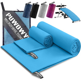 Набір рушників з мікрофібри PUWOWYE (2 шт.): великий (160x80 см) + маленький (80x40 см), швидковисихаючі, для спорту, фітнесу, сауни, пляжу, подорожей та відпочинку на природі (ясний блакитний)