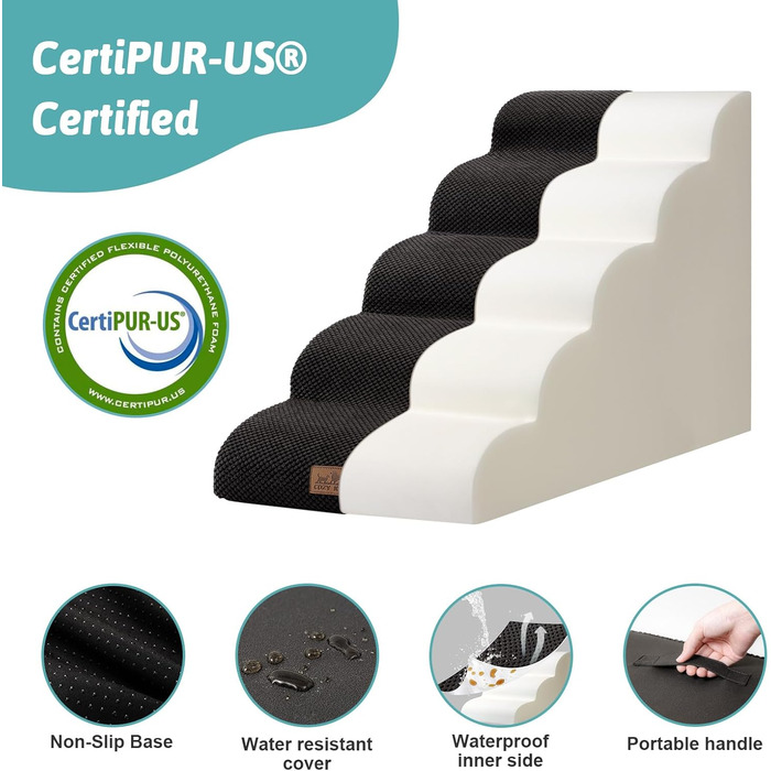 Сходинки для собак маленьких порід, сходи для домашніх тварин на диван з високощільним губкою, сходи для собак з миючим покриттям та неслизьким дном (3), чорний колір, 5 сходинок (40x84x57 см)