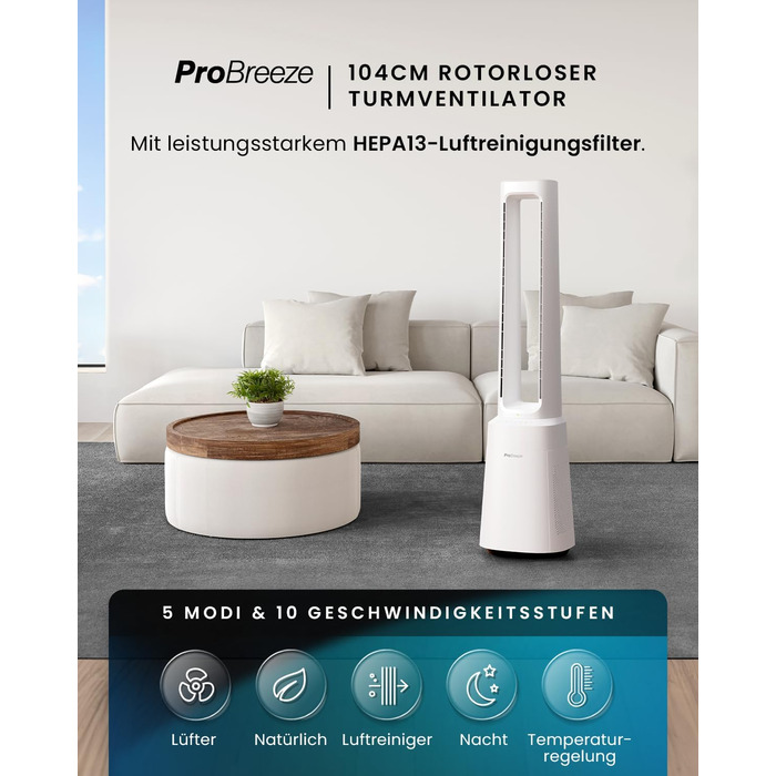 Вентилятор Pro Breeze OmniAir з очищувачем повітря, 105 см - безшумний, з HEPA 13 фільтром, LED дисплеєм, пультом керування та 5 режимами. Білий.