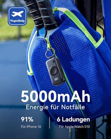 Power Bank INIU для Apple Watch, 5000mAh, вбудований кабель, LCD-дисплей, сумісний з iWatch 10/9/8/Ultra2/Ultra/SE, iPhone 16/15 (Чорний)