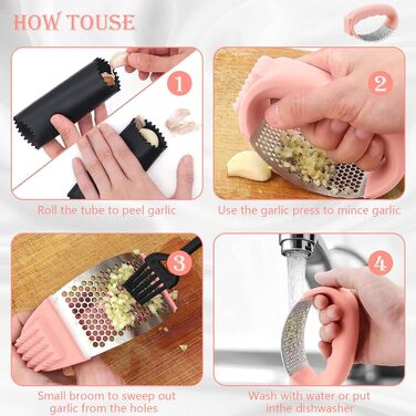 Пресс для часнику та імбиру з важелем, набір з очищувачем для апельсинів, рожевий, нержавіюча сталь