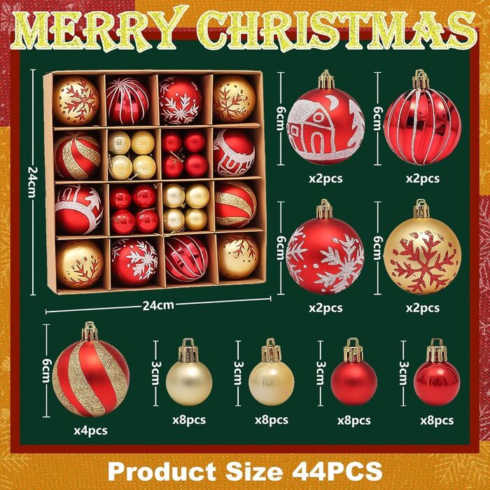 Набір прикрас для ялинки Robofun 44 шт. (червоний, золотий), міцні та безпечні, пластикові кульки для декору ялинки в приміщенні та на вулиці