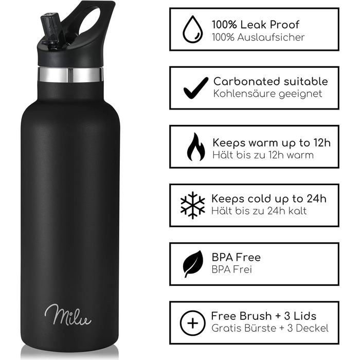 Термофляга Milu з нержавіючої сталі 500мл, 750мл, 1000мл (+3 кришки) - термос з трубочкою, ізольована пляшка, вилкафляка, подвійні стінки, підходить для газованої води (Чорний, 500мл)