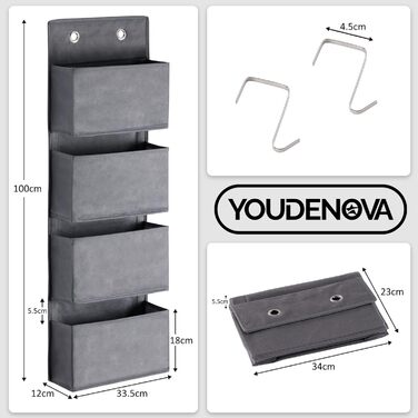 Органайзер для дверей Youdenova з 4 кишенями та 2 гачками, підвісний органайзер для ванної, спальні, дитячої кімнати (сірий)
