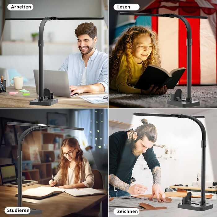 Світлодіодна лампа для столу Doppelkopf з регулюванням яскравості, 24W, 80см, для дому/офісу, денне світло, лампа для столу з шийкою-лебедем (чорна, з підставкою для телефону)