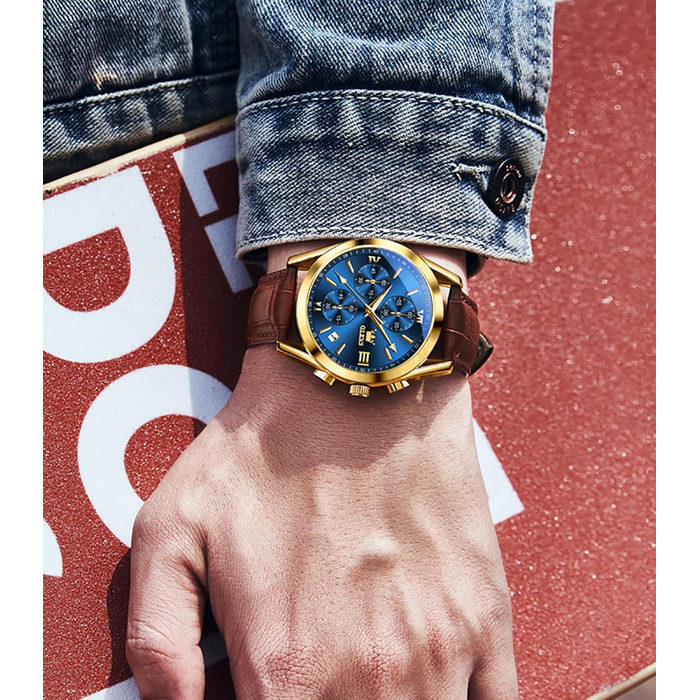 Чоловічий годинник-хронограф OLEVS 2872: кварцовий механізм, підсвічування, синій циферблат та шкіряний ремінець