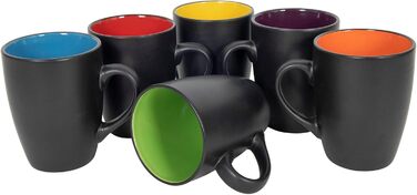 Набір келихів для кави 6 шт. 340 мл - чорний матовий/всередині кольоровий - з ручкою - чайний/кавовий з порцеляни, багато кольорів