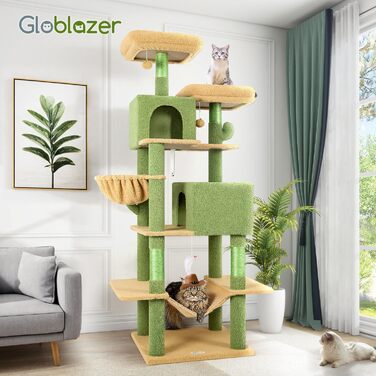Драбина для котів Globlazer Kaktus (зелена), XXL, 195 см: 2 будиночки, 2 стійкі сидіння, гамак, кошик. Підходить для Maine Coon, British Shorthair