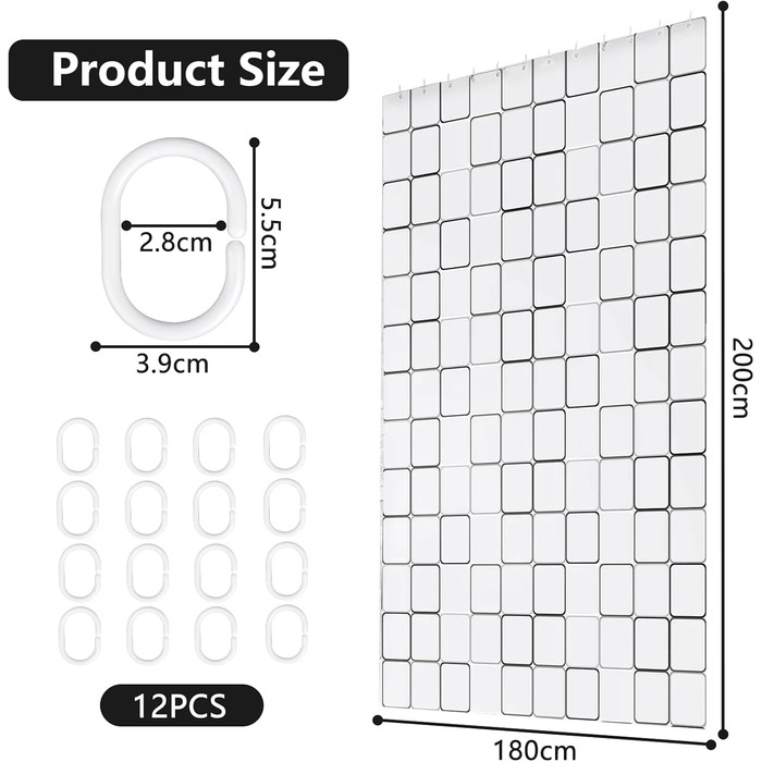 Штора для душу та ванни від цвілі, 180 x 200 см, 12 гачків, водонепроникна, швидковисихаюча, антибактеріальна, пральна, для спальні, сім'ї, готелю – Біла