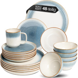 Moritz & Moritz TARENTO 48-Piece Dinnerware Set, 12 Guests, Blue - Elegant Plate Set Made of High-Quality Stoneware - Dinnerware Set of 12 Dinner Plates, 12 Dessert Plates, 12 Soup Plates & 12 Cups, Blue, 48-Piece Dinnerware Set