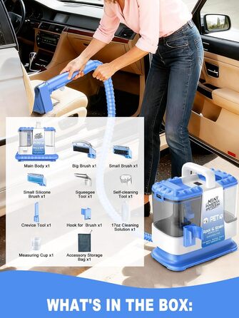 Портативний мийник для м'яких меблів, 600W, 16Kpa, 500мл розчин, 5 насадок. Для диванів, килимів, авто, сходи. Легкий, компактний, блакитний.
