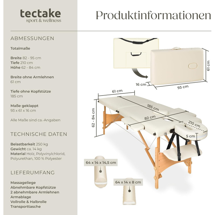 Масажний стіл Tectake® складний з 2 зонами, портативний з 5 см підкладкою, регульована висота, мобільний, з дерев'яними ніжками та аксесуарами (з масажними роликами, бежевий)
