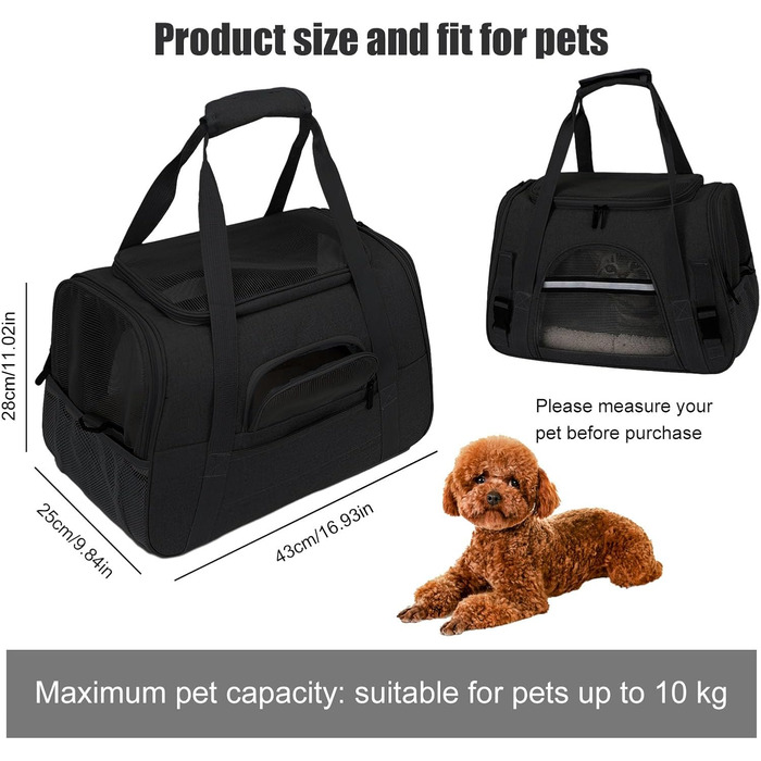 Транспортна сумка для тварин з підстилкою з флісу, чорна. Підходить для котів та собак до 10 кг