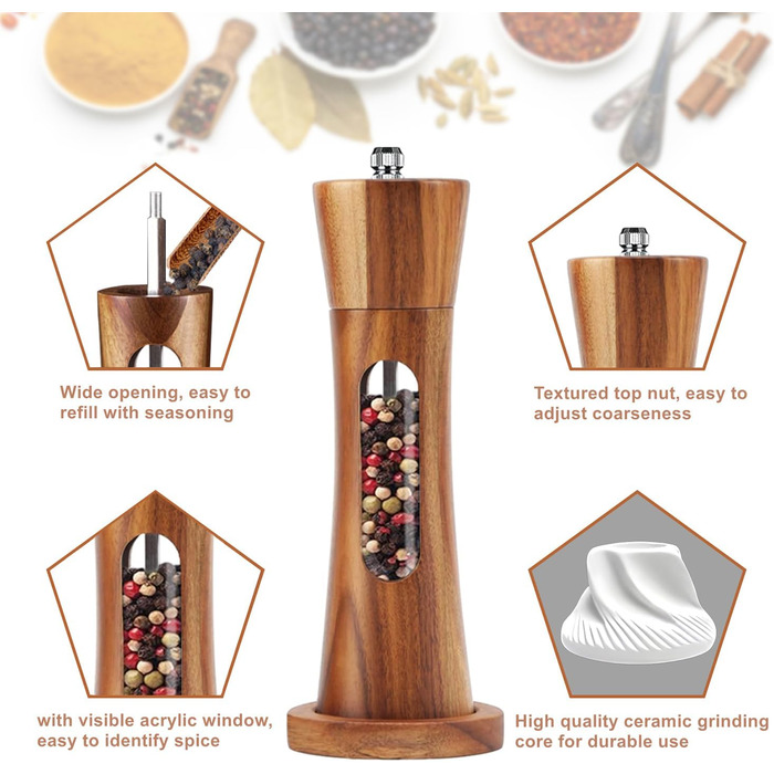 Дерев'яна мельниця для солі та перцю з підставкою, ручна, з регульованим керамічним жорном, 20 см