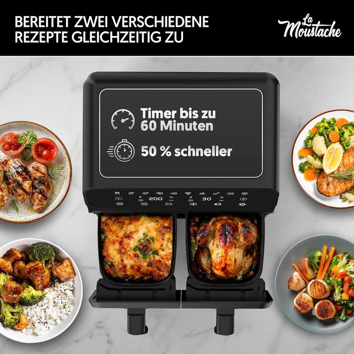 Фритюрниця повітряна La Moustache DuoFry XXL, 8л, 2 відсіки, 1700W, 6 функцій, з E-book рецептів