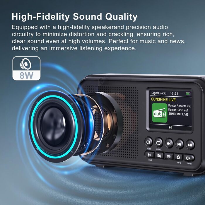 Портативне DAB/DAB+ радіо з Bluetooth 5.0, FM, акумулятором 3000mAh, дисплеєм 2.4