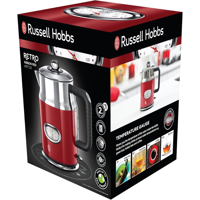 Тостер Russell Hobbs Retro з нержавіючої сталі [для 2 тостів] з підігрівачем для бургерів, 6 рівнів підсмажування, функція розморожування та підігріву, 1300 Вт, Vintage 21680-56