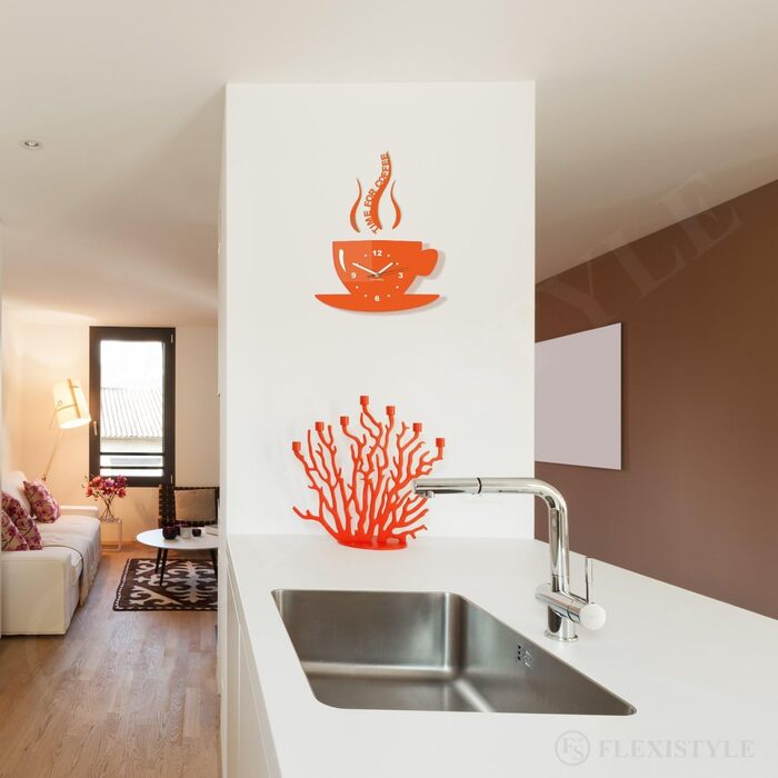 FLEXISTYLE Coffee Time Mug Wall Clock for Modern Kitchen, 3D Roman Numerals, Wall Clock Decoration, 32 x 19 cm (32 x 19 cm, Orange)