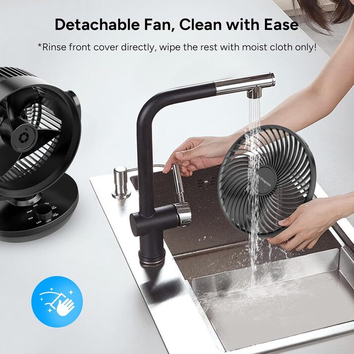 Вентилятор настільний DR.PREPARE, 25 дБ, тихий, ефективне охолодження, 3 швидкості, таймер 2-12 годин, осциляція 90°, 8 дюймів