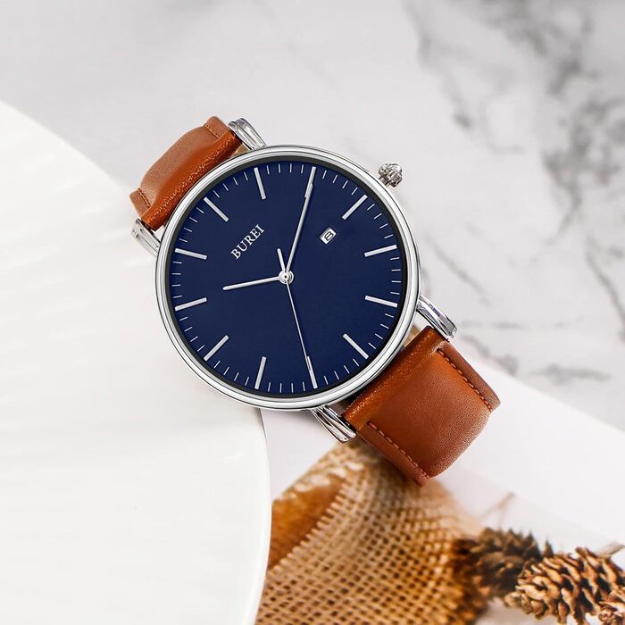 Годинник чоловічий BUREI Ultra тонкий аналоговий з датою, кварцовий механізм Japan, подарунок для чоловіків (срібло, шкіряний ремінець)
