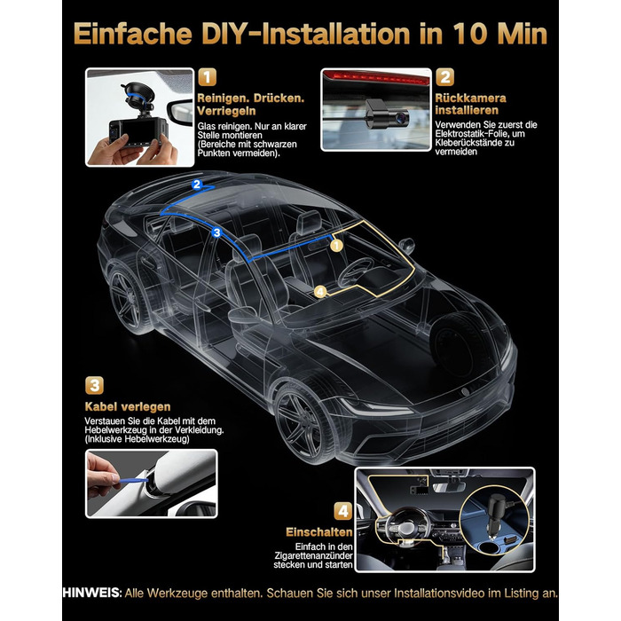 3-канальний автомобільний відеореєстратор 4K (передній, задній, салонний), 170° широкий кут, нічна зйомка, паркування 24/7, G-сенсор, WiFi 5.8 ГГц, SD-карта 64ГБ, чорний