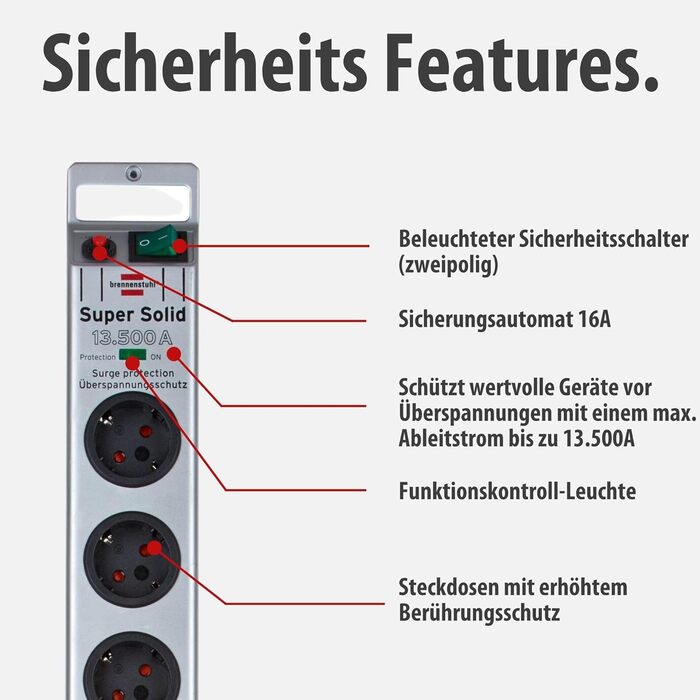 Бренненштуль Super-Solid, мережевий фільтр 8 розеток з захистом від перенапруги (многорозетка з 2,5м кабелем та вимикачем - з ударостійкого полікарбонату) срібний