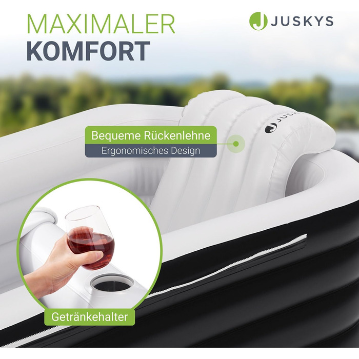 Надувна ванна Juskys L для відпочинку на відкритому повітрі: ванна для айсбергу, мобільна, з підголівником, з кришкою та насосом, чорна