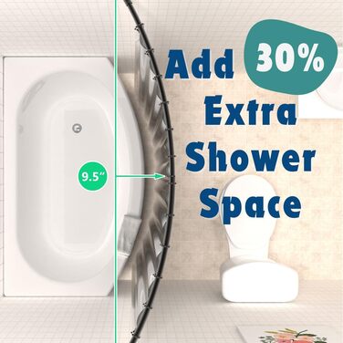 Регульована вигнута штанга для душу 107-182 см з 12 кільцями для душу - для ванної, гардеробу, кухні. Легка установка, хром.