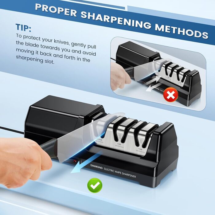 Електричний точило для ножів професійний 3-ступеневий з захистом від перегріву, тихий мотор, швидкий для кухонних ножів (чорний)