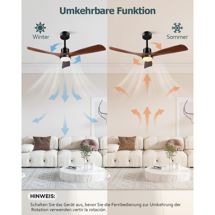 Стеляний вентилятор з підсвічуванням та пультом керування, тихий DC двигун, 132 см, 3 дерев'яних лопаті, таймер, 6 швидкостей, сертифікат ETL, режим літо/зима для спальні, коричневий