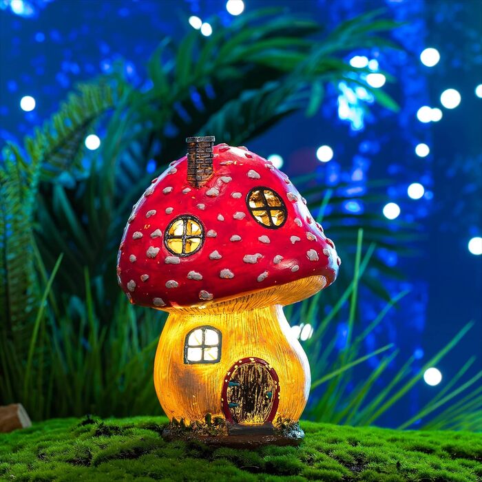 TERESA'S COLLECTIONS Outdoor Garden Decor Fairy House Garden Solar Lighting Mushroom Elf House Fairy Garden Solar Garden Lighting Fairy House made of Resin Pink Gifts for Women 19cm