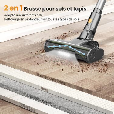 Акумуляторний пилосос Dzaki 45KPa бездротовий без мішка з дисплеєм, антизаплутана щітка, час роботи 55 хв, знімний акумулятор, для твердих поверхонь, шерсті тварин, килимів, авто (Золотистий сірий)