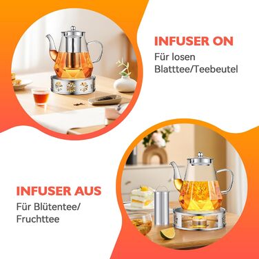 Скляний чайник STNTUS з підігрівачем та ситечком для листового чаю, 1.2 л, нержавіюча сталь