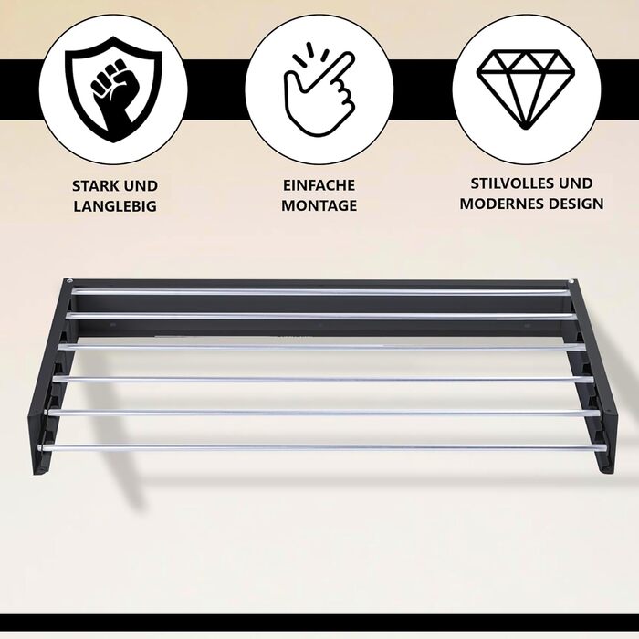 Настінна сушилка для білизни Vonia Wandtrockengestell 100x50 см – компактна та складана. Міцна сушарка для ванної, балкону та квартири – чорна