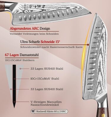 HEZHEN 21см ніж шеф-кухаря з дамаської сталі, 67 шарів, професійний кухонний ніж з дерев'яною піхвою, Full Tang ручка з Micarta